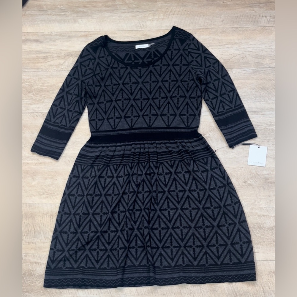 Calvin Klein Black and Gray Geometric Midi Dress